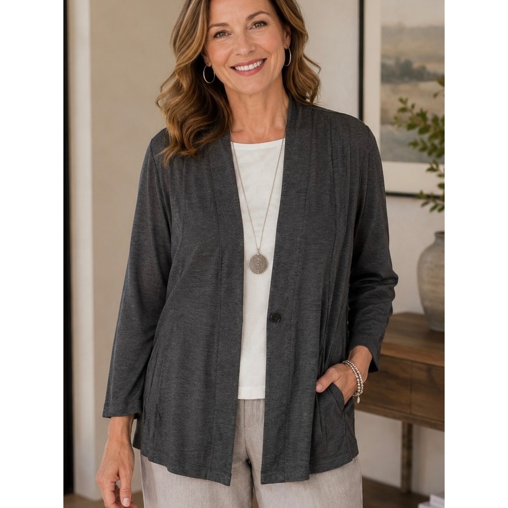 J. Jill Gray Wearever Collection Cardigan Jacket Large Petite Single Button Knit